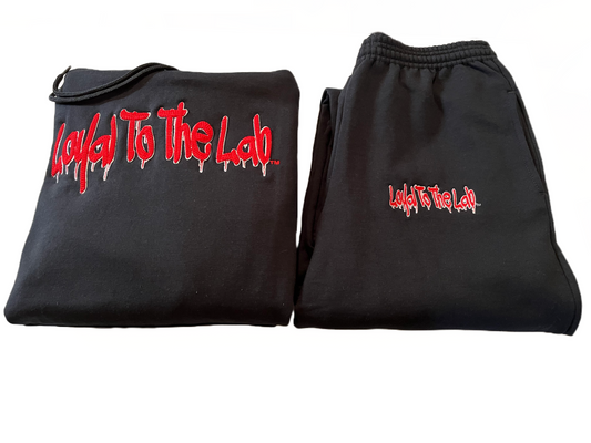 sweatsuit embroidered raised drip black w/red